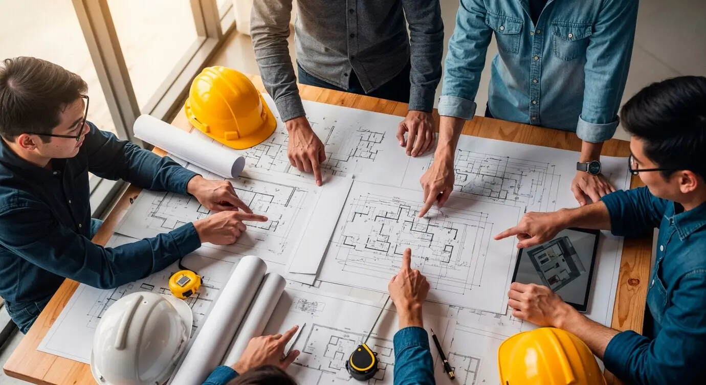 Architekten arbeiten gemeinsam an Bauplänen auf einer Baustelle.